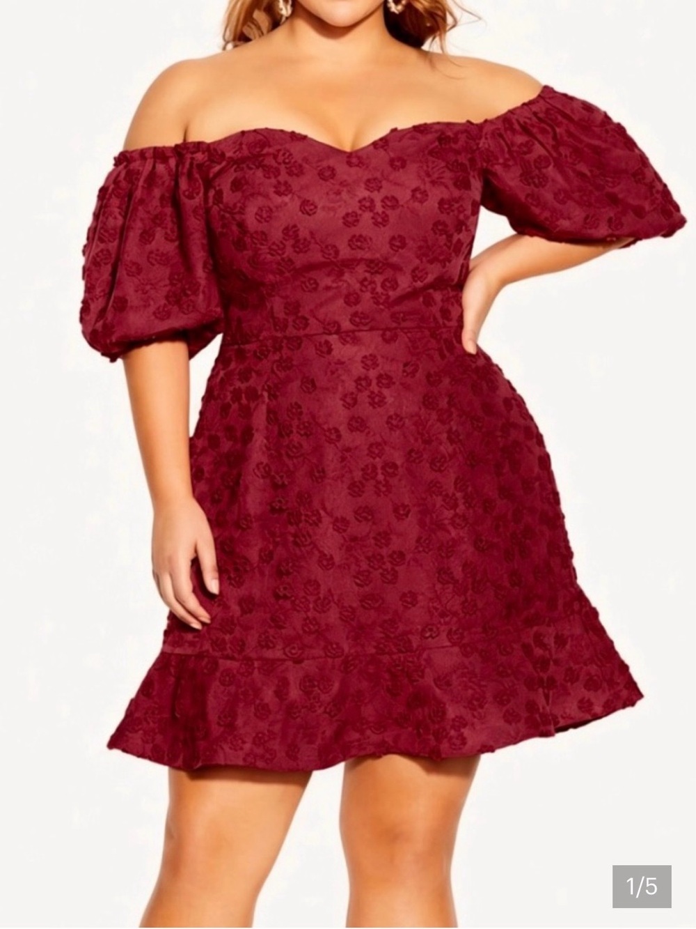 City Chic Wine Lace Square-Neck Puff-Sleeve Mini Dress